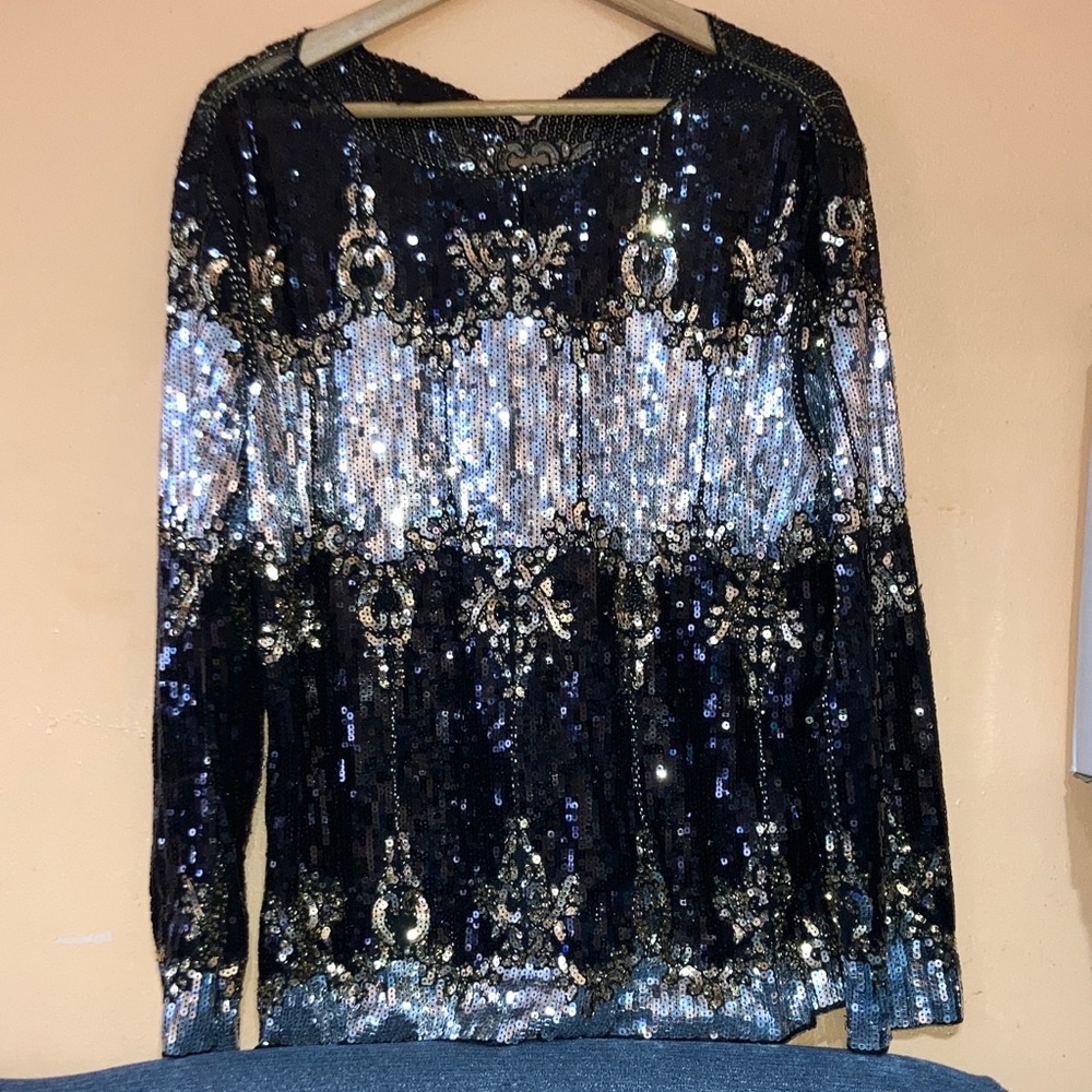 Sequin Embellished Black & Silver Long Sleeve Top